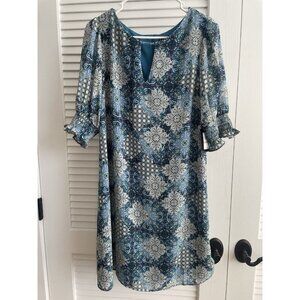 JH Dress Flowy Teal Floral Geometric Patterned Short Sleeve Dress Size 12 NWT
